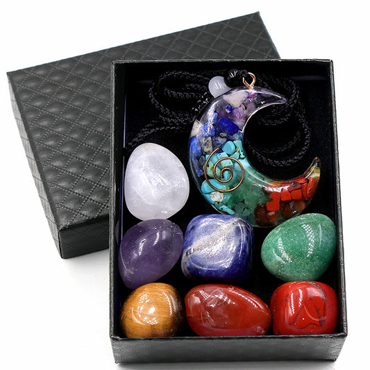 7chakala chakra natural crystal set colorful broken stone resin Moon Star Pendant combination